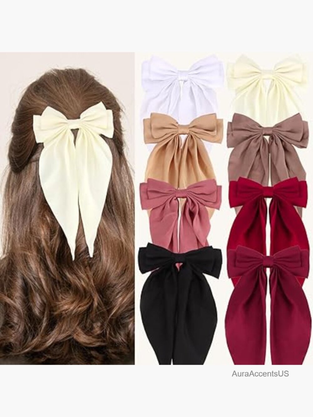 8 Large Satin Bow Hair Clips Barrettes Set for Women